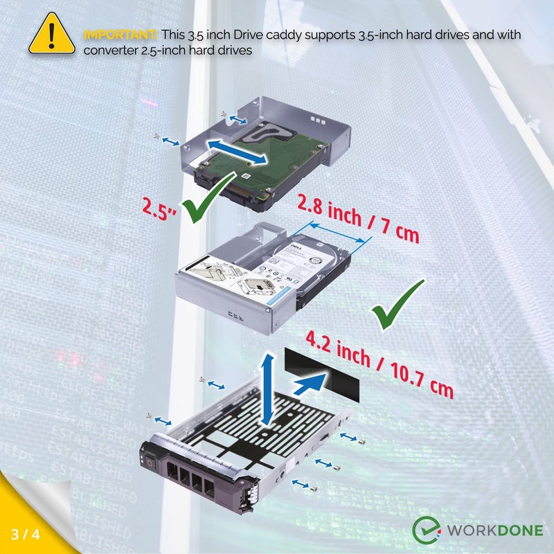 WORKDONE 3-Pack - 3.5 inch Hard Drive Caddy with 2.5 inch HDD Adapter - Compatible for Dell PowerEdge Selected 13th-11th Gen. Servers - Setup Manual - Sled Front Sticker Labels - Screwdriver - Image 4